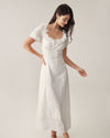 White Embroidery Puffed Sleeve Maxi Dress - Threadford