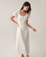White Embroidery Puffed Sleeve Maxi Dress - Threadford