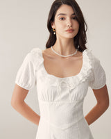 White Embroidery Puffed Sleeve Maxi Dress - Threadford