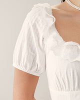 White Embroidery Puffed Sleeve Maxi Dress - Threadford