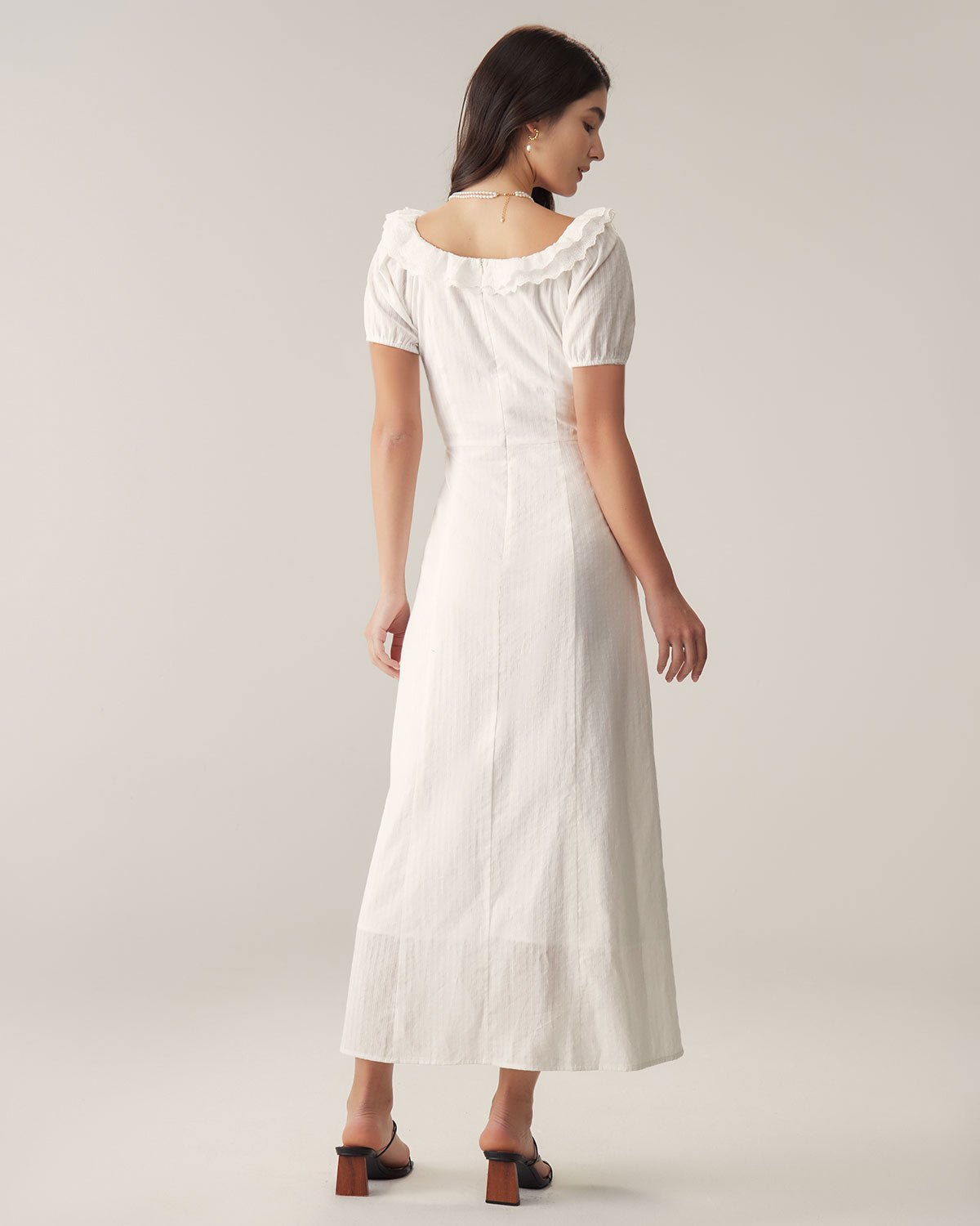 White Embroidery Puffed Sleeve Maxi Dress - Threadford