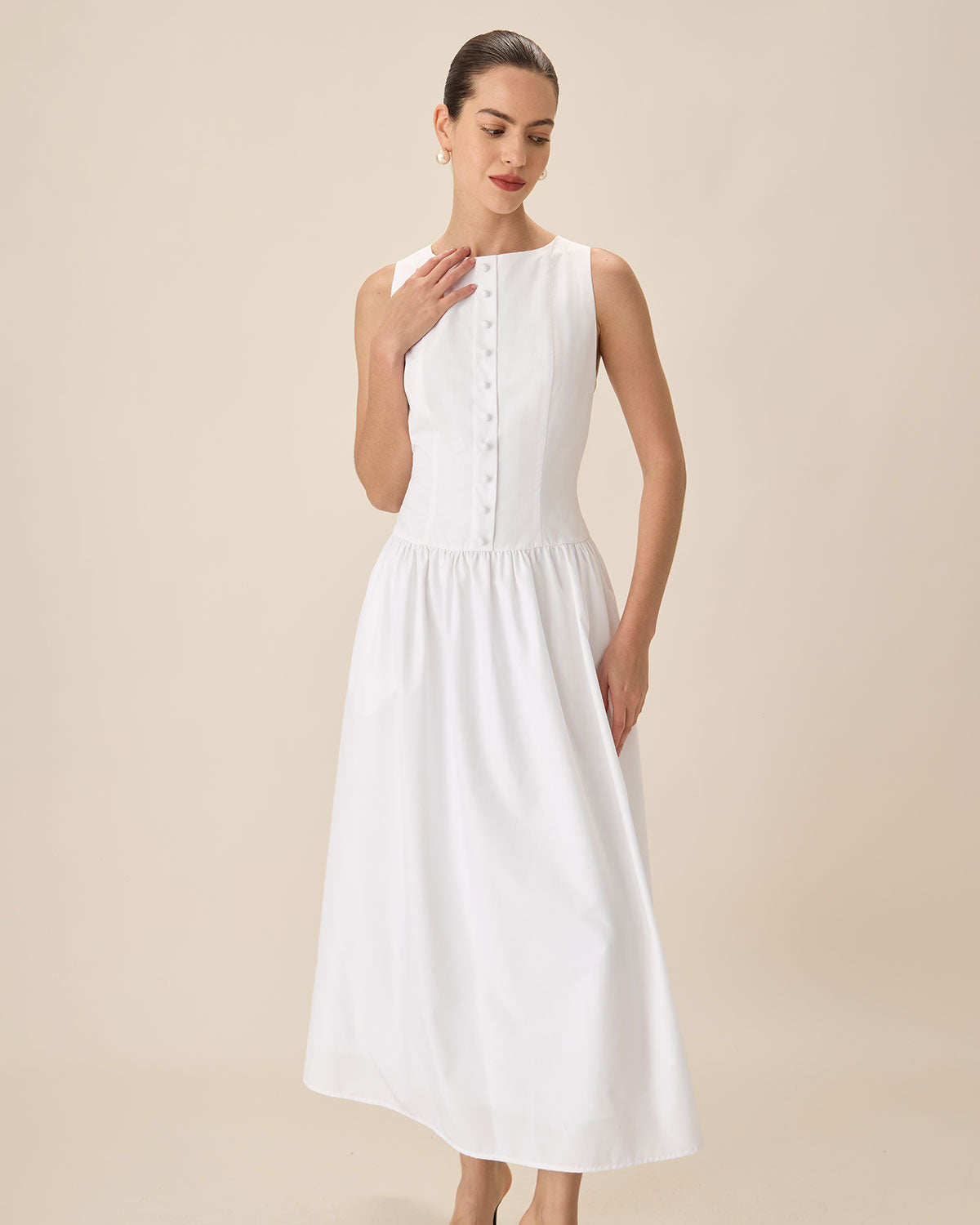 White Round Neck Pocket Maxi Dress - Threadford