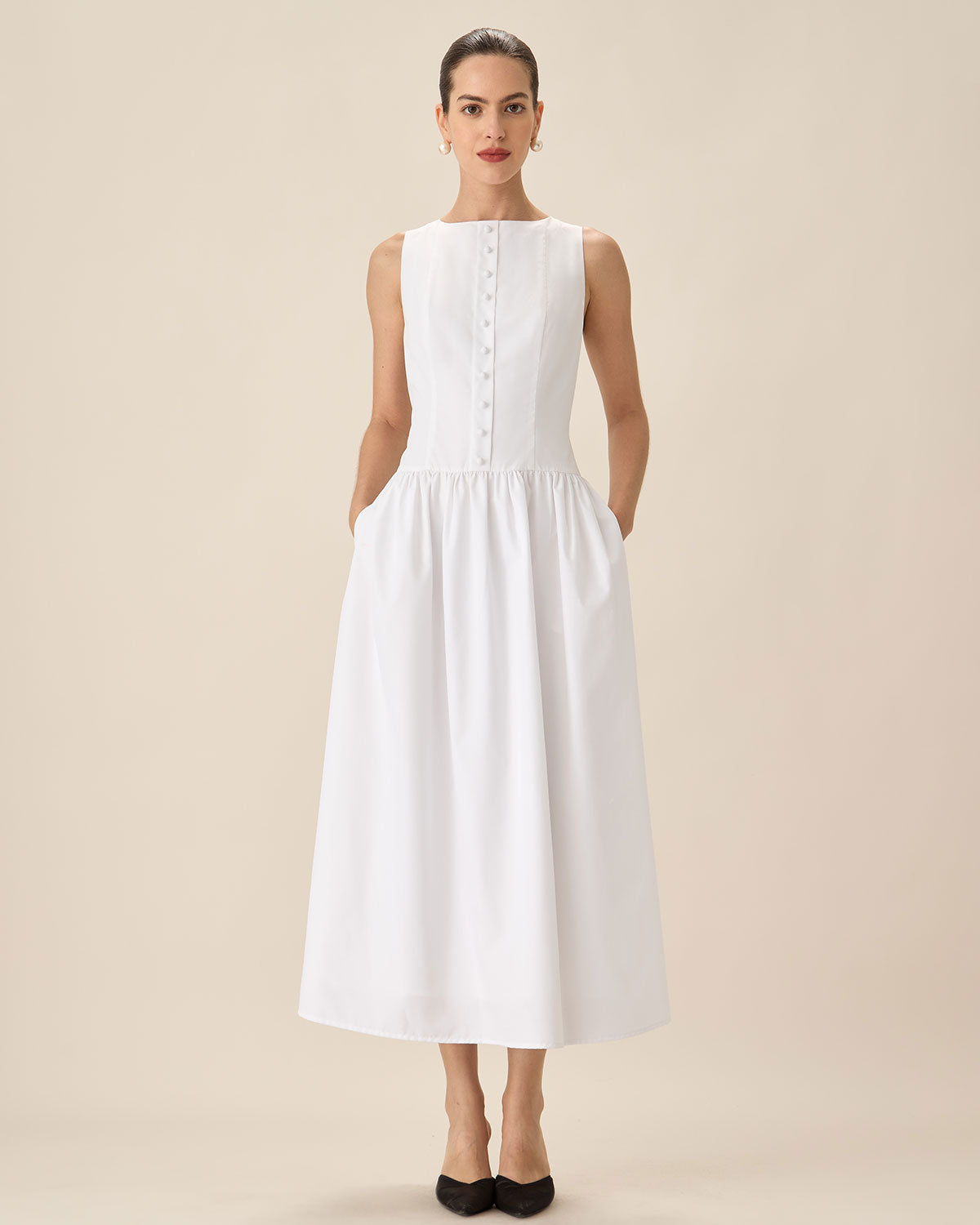 White Round Neck Pocket Maxi Dress - Threadford