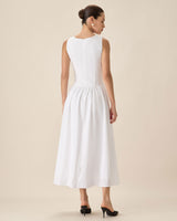 White Round Neck Pocket Maxi Dress - Threadford