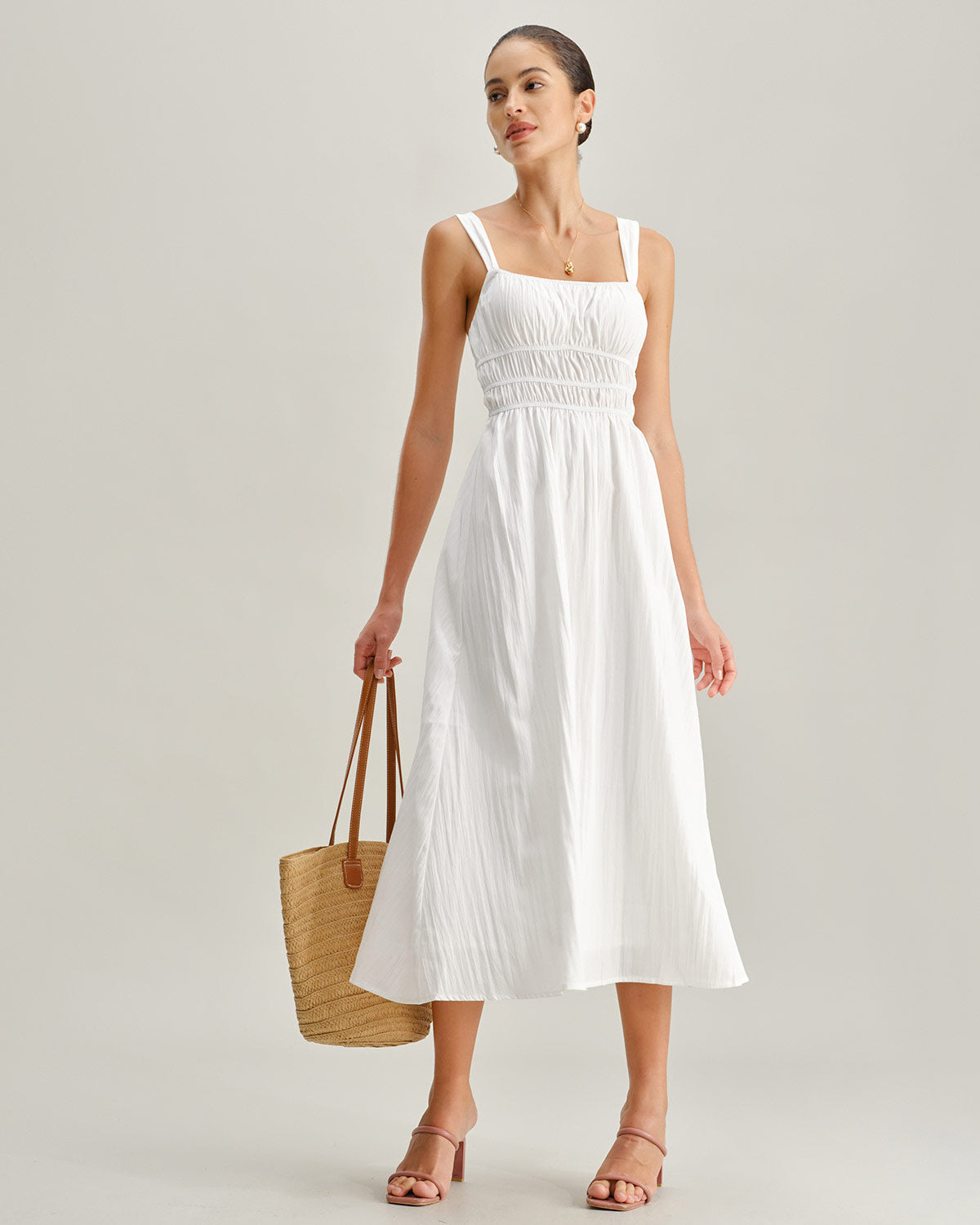 White Ruched Slip Maxi Dress - Threadford