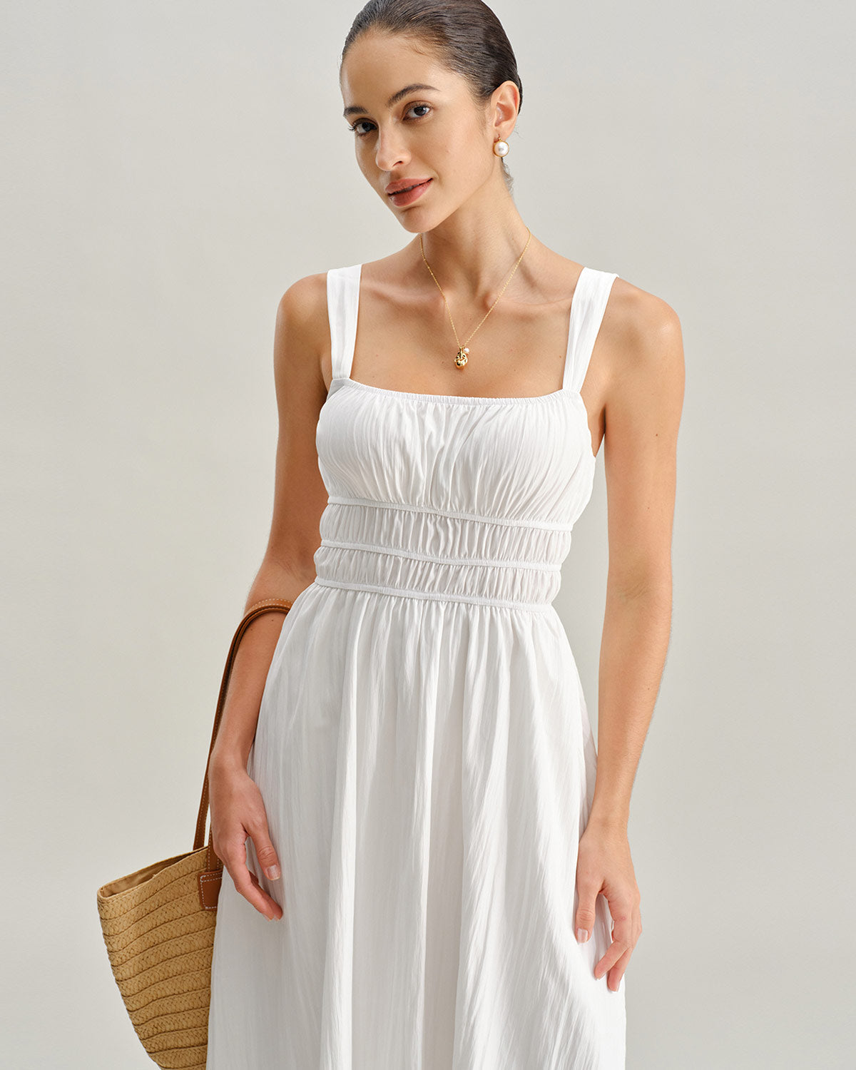 White Ruched Slip Maxi Dress - Threadford