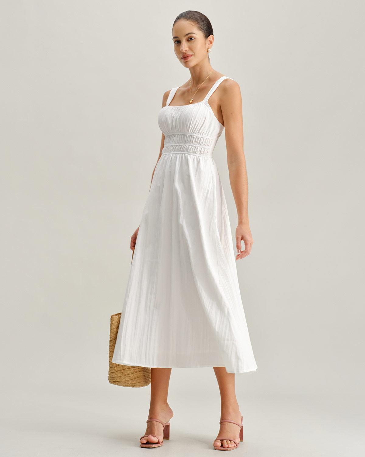 White Ruched Slip Maxi Dress - Threadford