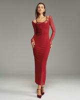 Red See Through Bodycon Maxi Dress - Threadford