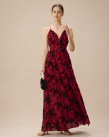 Red Floral Flocked Mesh Slit Maxi Dress - Threadford