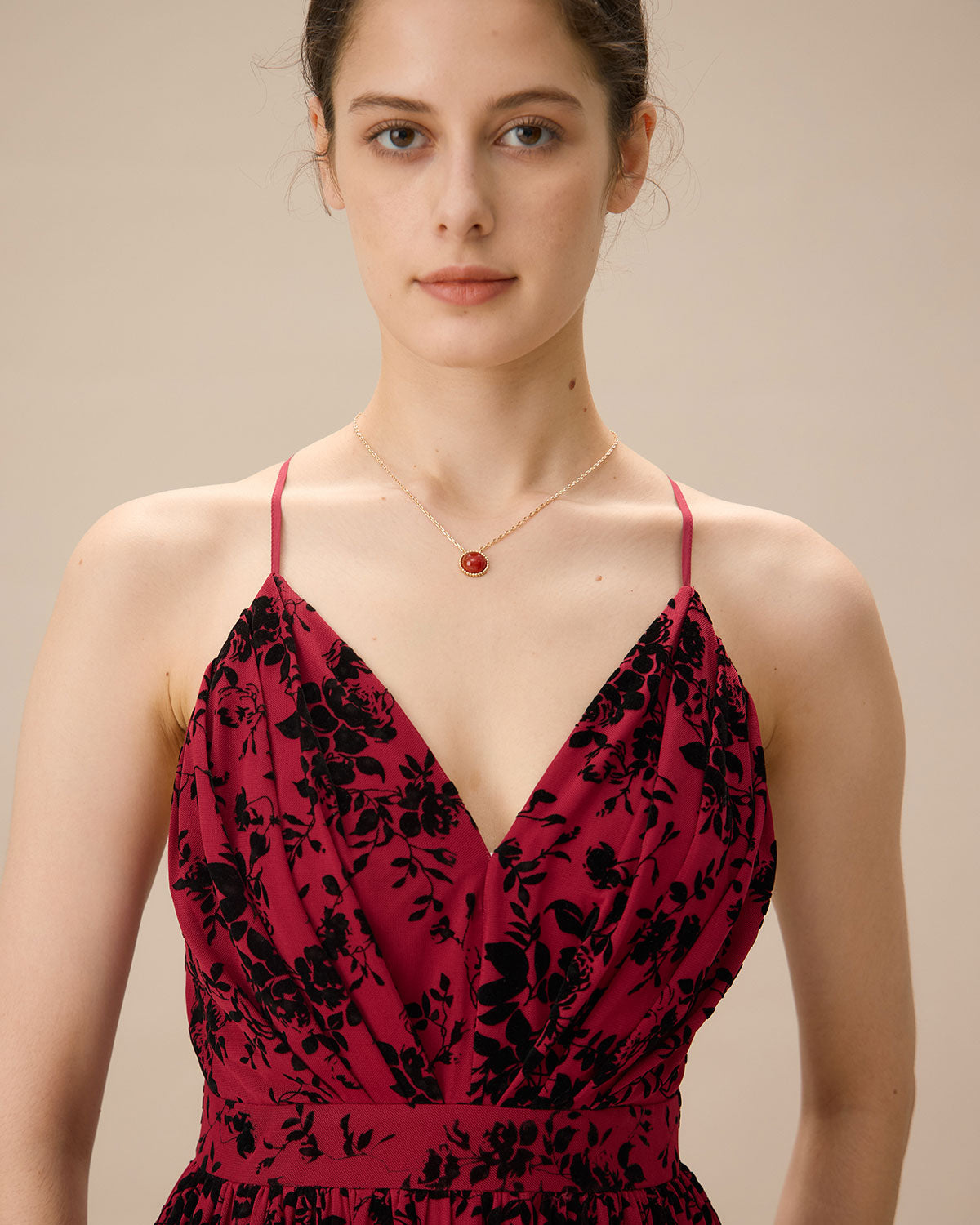 Red Floral Flocked Mesh Slit Maxi Dress - Threadford