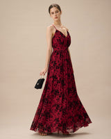 Red Floral Flocked Mesh Slit Maxi Dress - Threadford