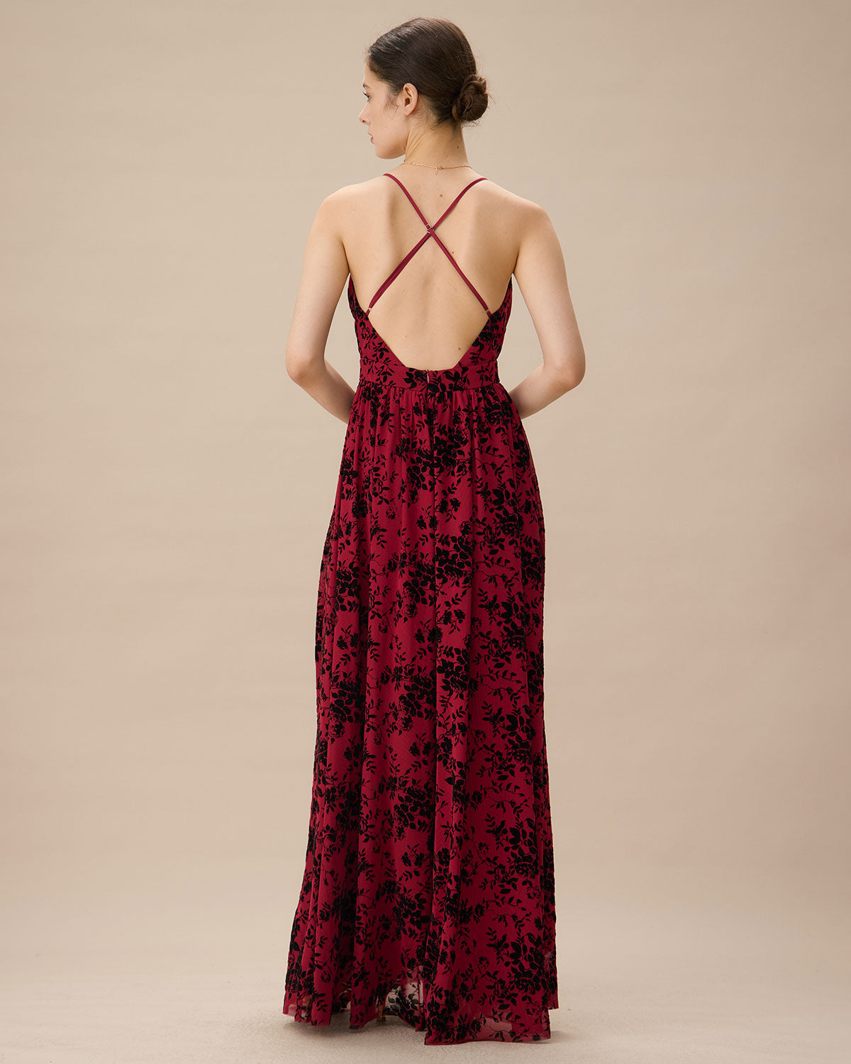 Red Floral Flocked Mesh Slit Maxi Dress - Threadford