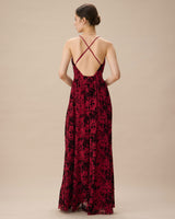 Red Floral Flocked Mesh Slit Maxi Dress - Threadford