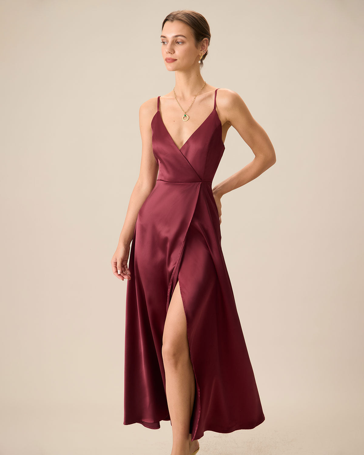Red Satin Slit Maxi Dress - Threadford