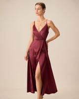 Red Satin Slit Maxi Dress - Threadford