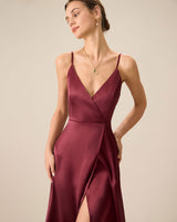 Red Satin Slit Maxi Dress - Threadford