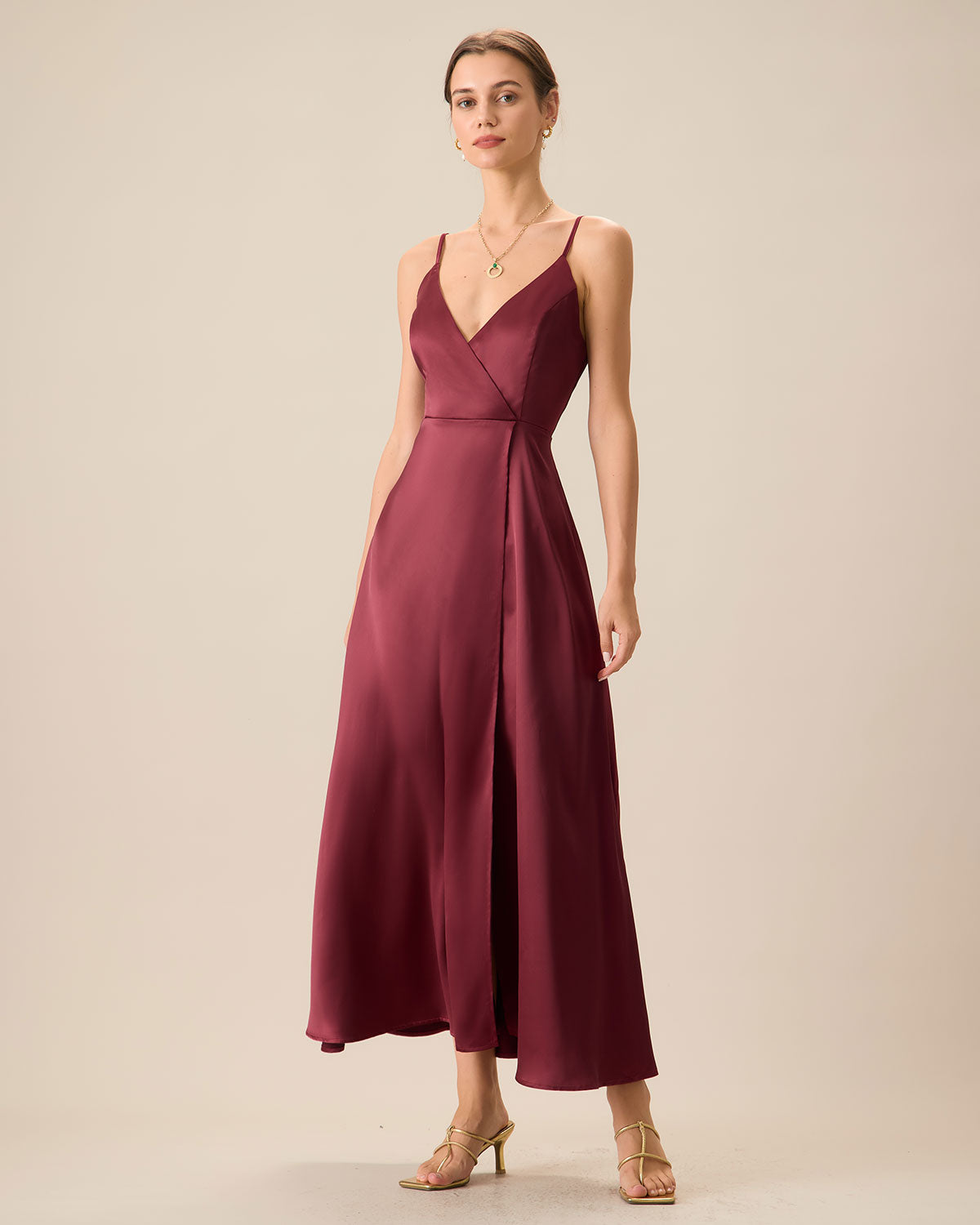 Red Satin Slit Maxi Dress - Threadford