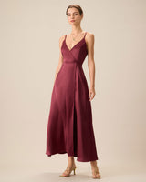 Red Satin Slit Maxi Dress - Threadford
