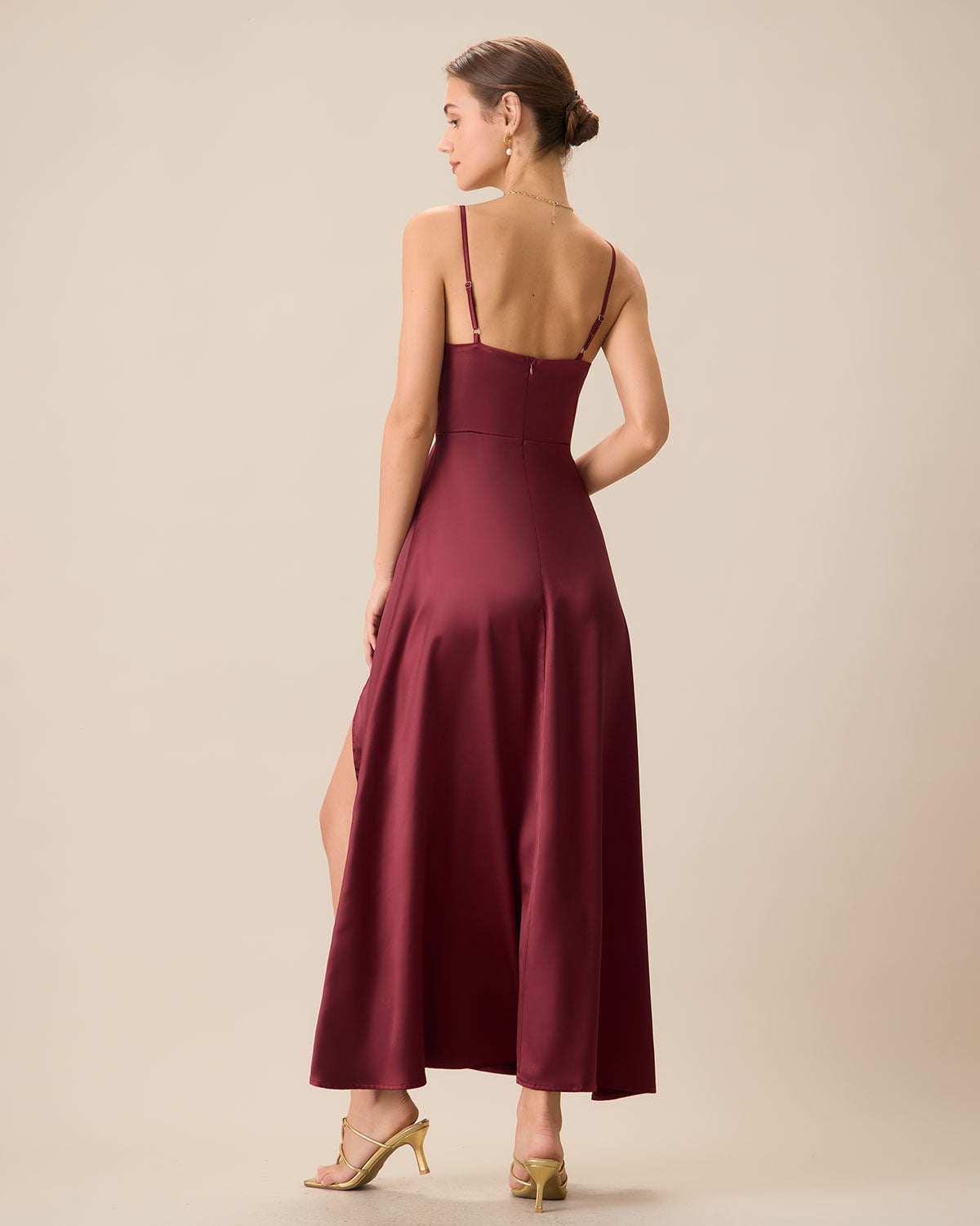 Red Satin Slit Maxi Dress - Threadford
