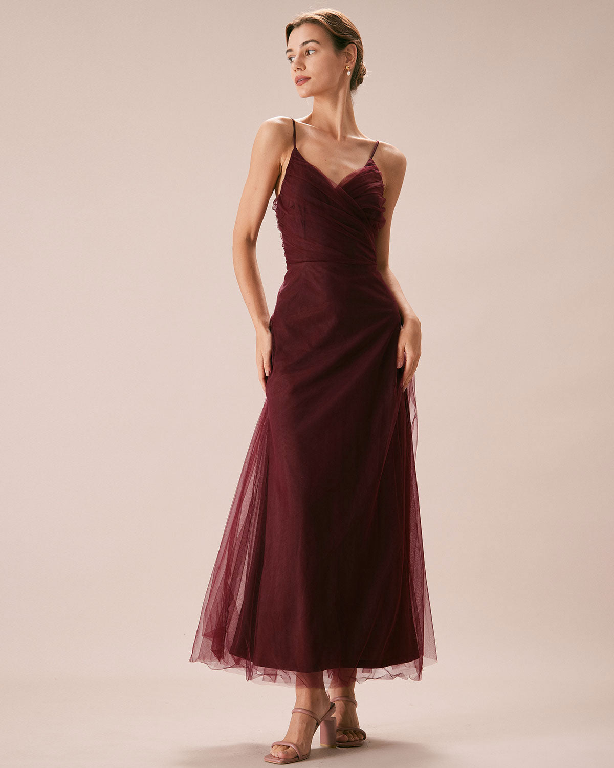 The Wine Red V Neck Mesh Wrap Maxi Dress - Threadford