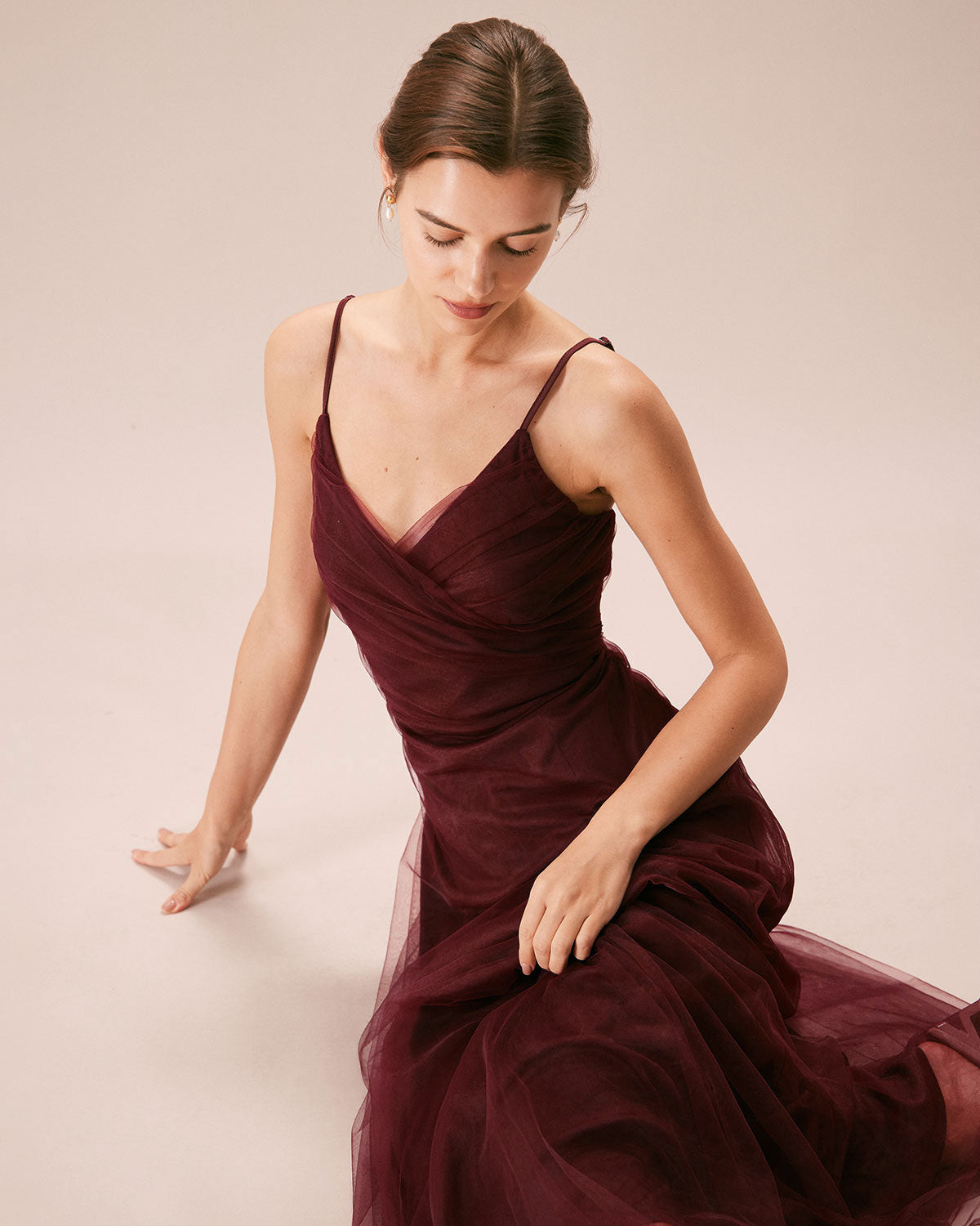 The Wine Red V Neck Mesh Wrap Maxi Dress - Threadford
