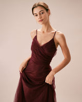 The Wine Red V Neck Mesh Wrap Maxi Dress - Threadford