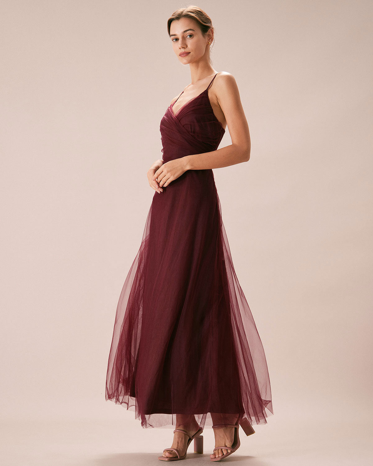 The Wine Red V Neck Mesh Wrap Maxi Dress - Threadford