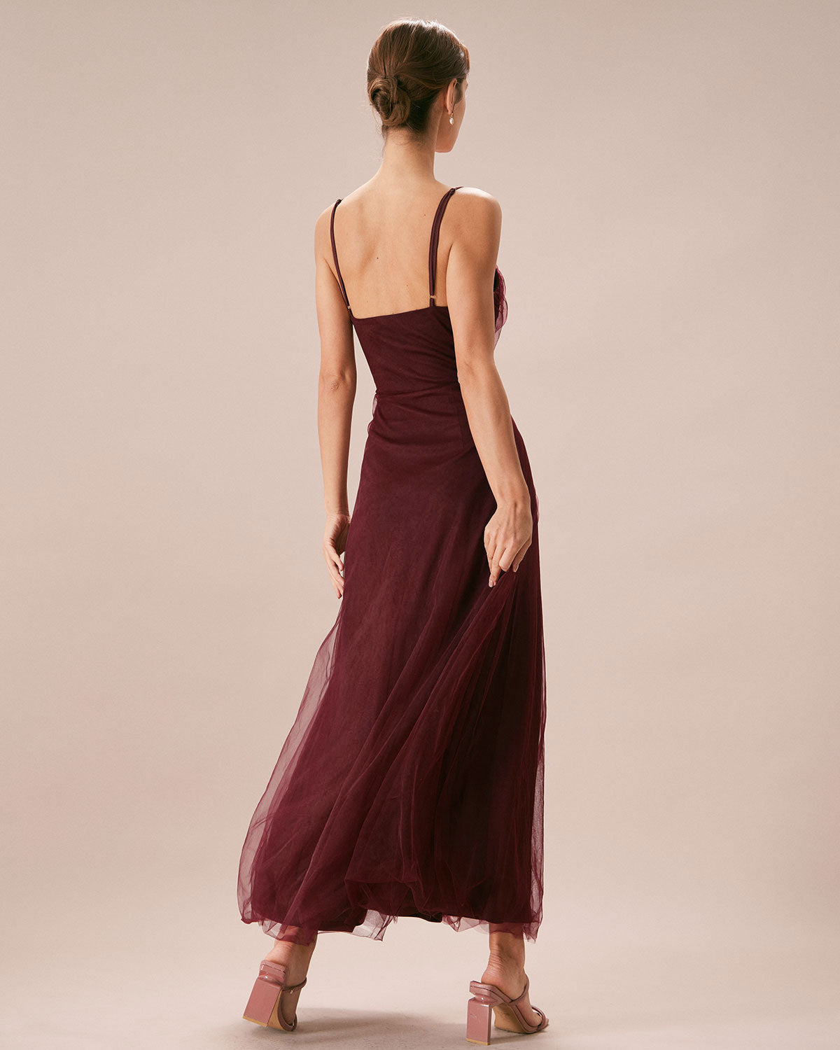 The Wine Red V Neck Mesh Wrap Maxi Dress - Threadford