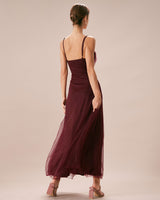 The Wine Red V Neck Mesh Wrap Maxi Dress - Threadford