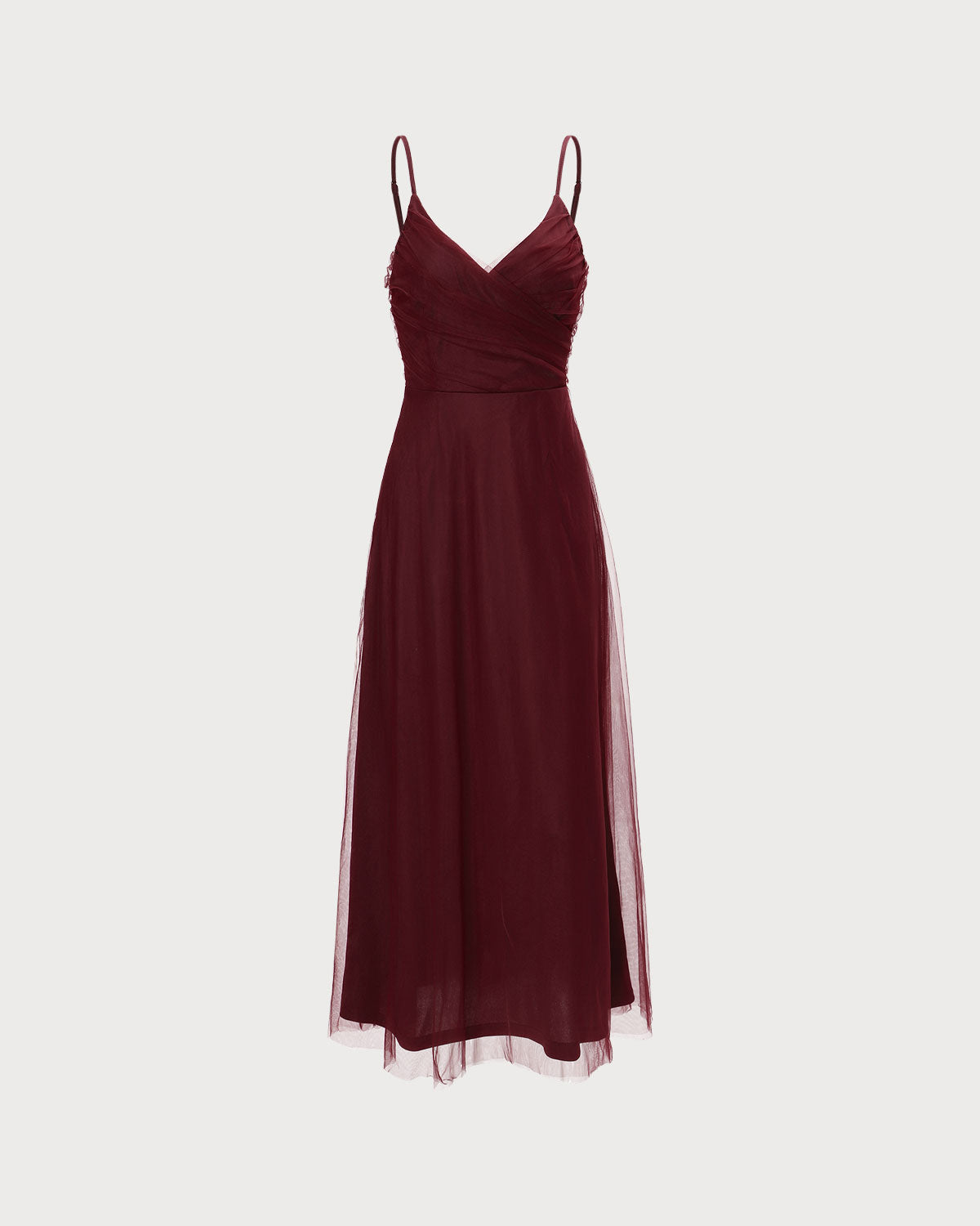 The Wine Red V Neck Mesh Wrap Maxi Dress - Threadford