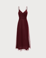 The Wine Red V Neck Mesh Wrap Maxi Dress - Threadford
