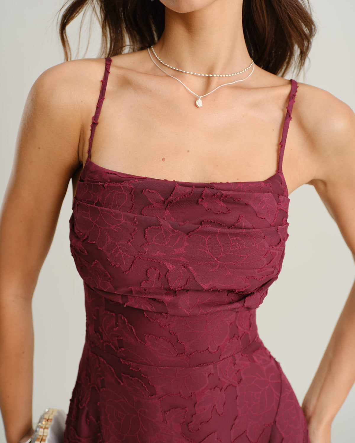 Wine Red Jacquard Slip Maxi Dress - Threadford