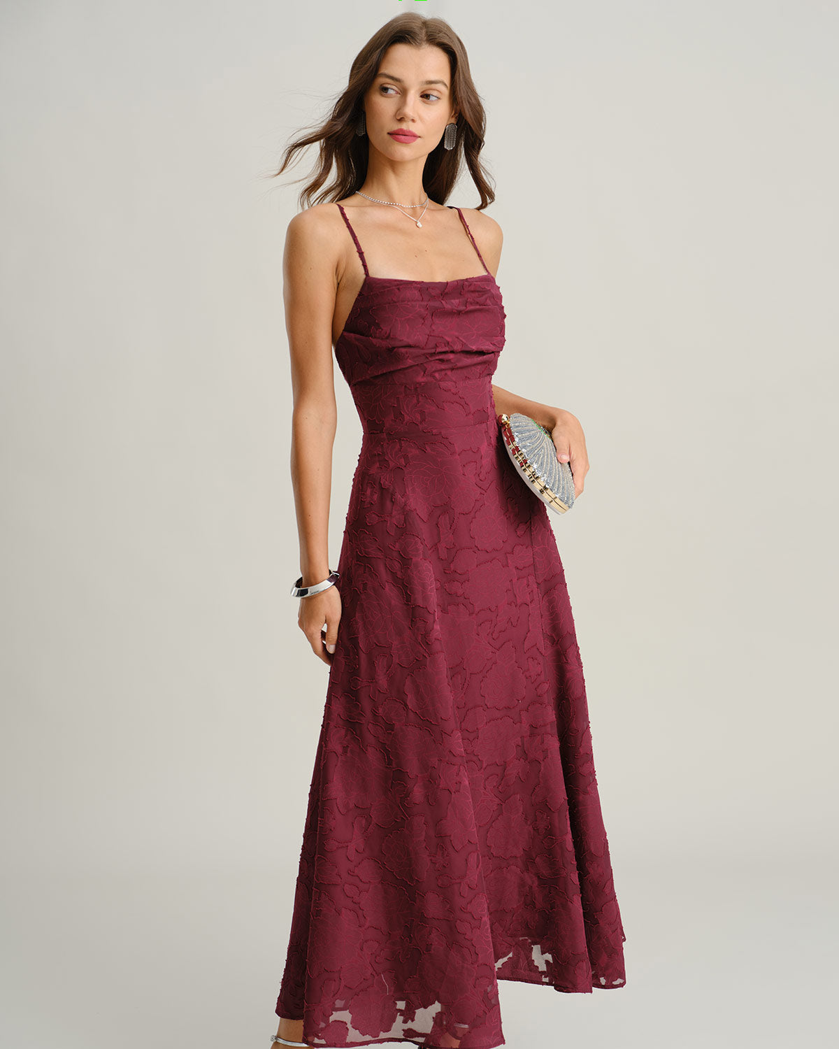 Wine Red Jacquard Slip Maxi Dress - Threadford
