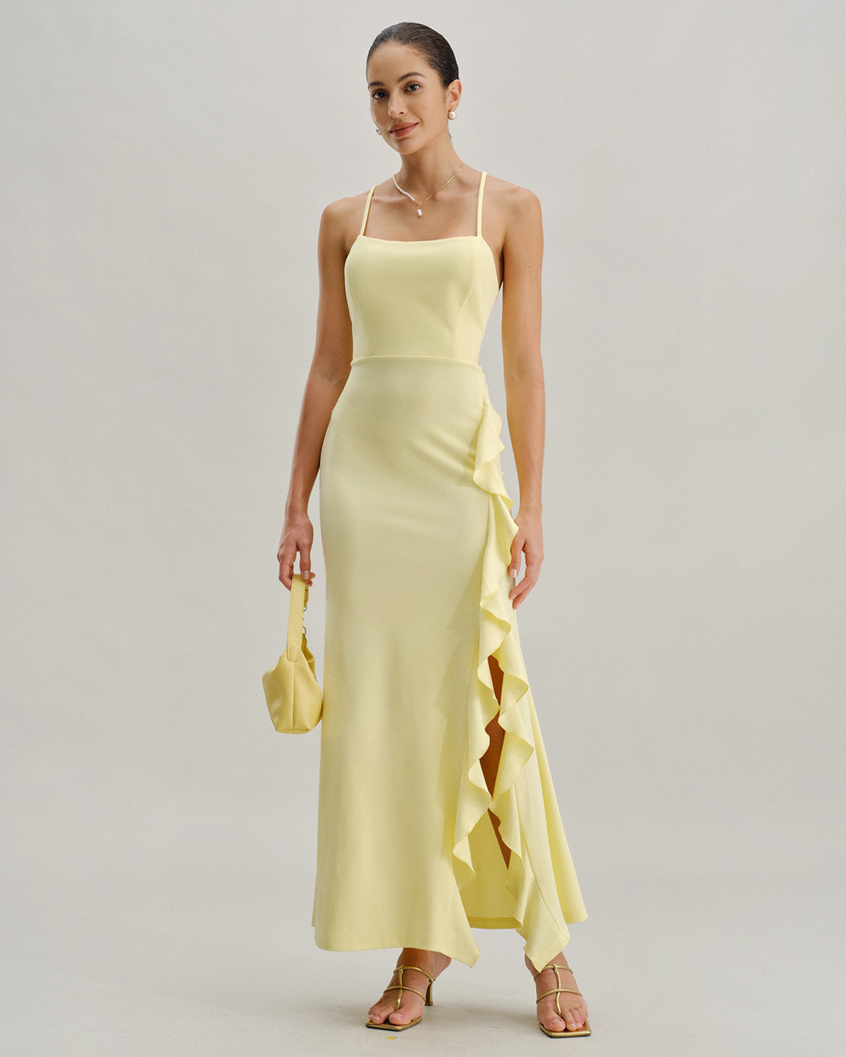 Yellow Ruffle Backless Slit Slip Maxi Dress - Threadford