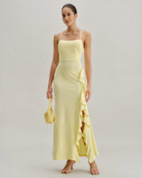 Yellow Ruffle Backless Slit Slip Maxi Dress - Threadford