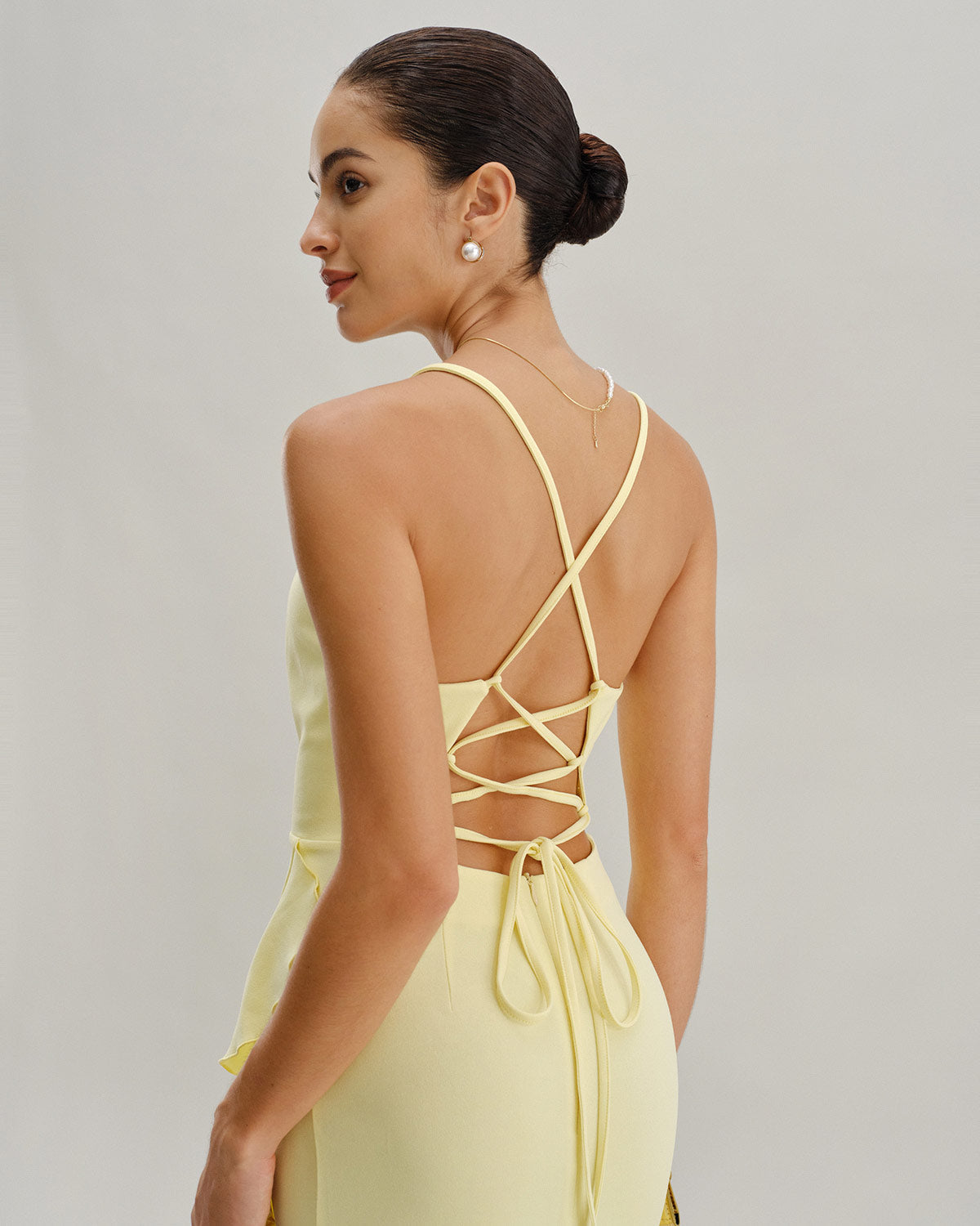 Yellow Ruffle Backless Slit Slip Maxi Dress - Threadford