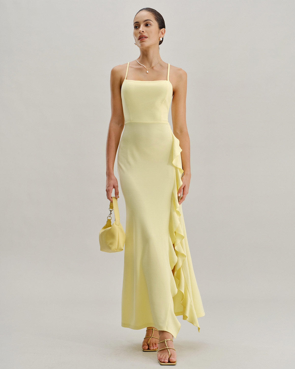 Yellow Ruffle Backless Slit Slip Maxi Dress - Threadford