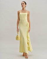 Yellow Ruffle Backless Slit Slip Maxi Dress - Threadford
