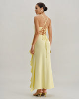 Yellow Ruffle Backless Slit Slip Maxi Dress - Threadford