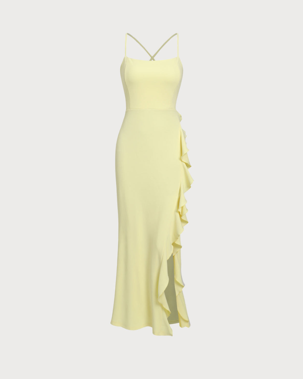 Yellow Ruffle Backless Slit Slip Maxi Dress - Threadford