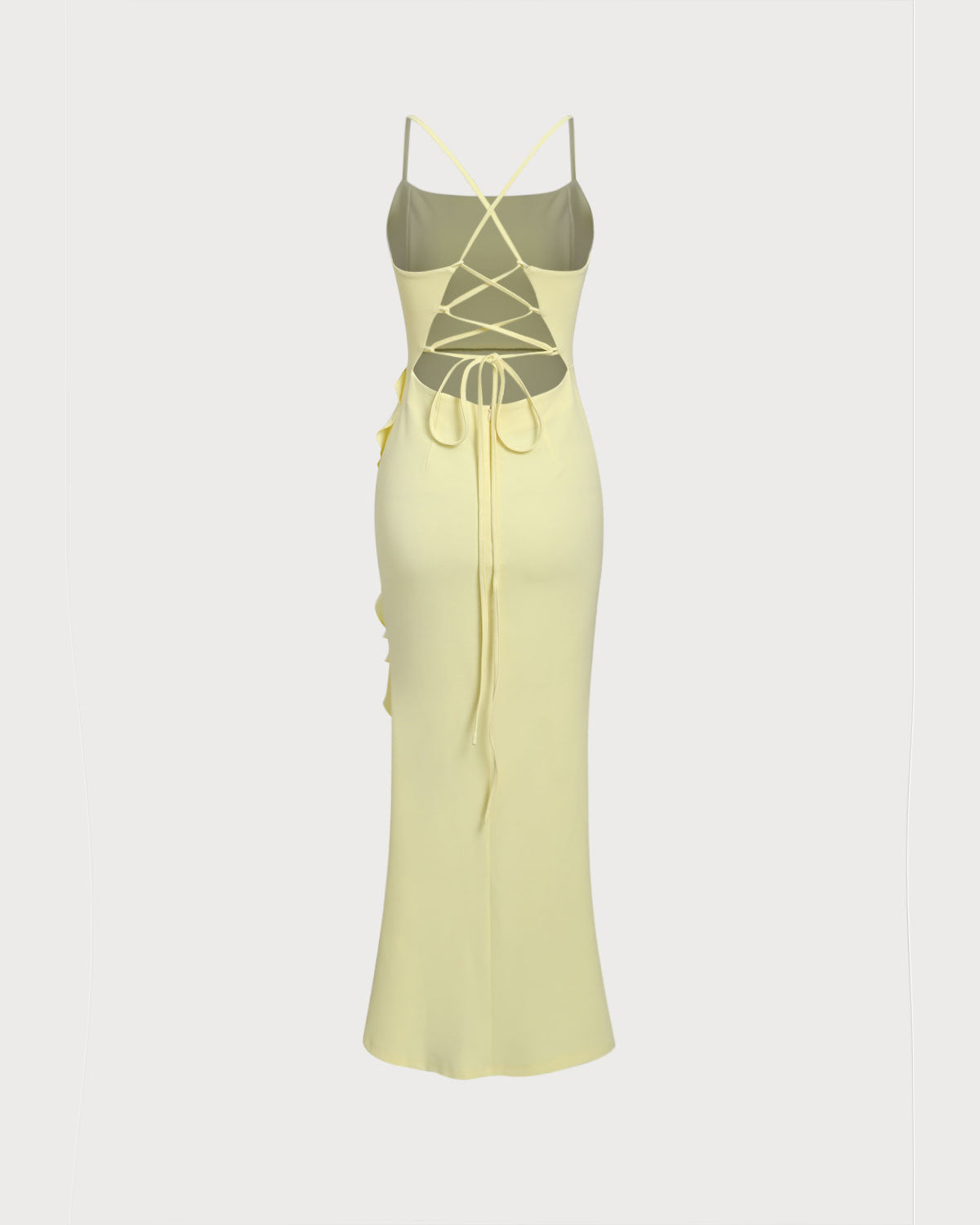 Yellow Ruffle Backless Slit Slip Maxi Dress - Threadford