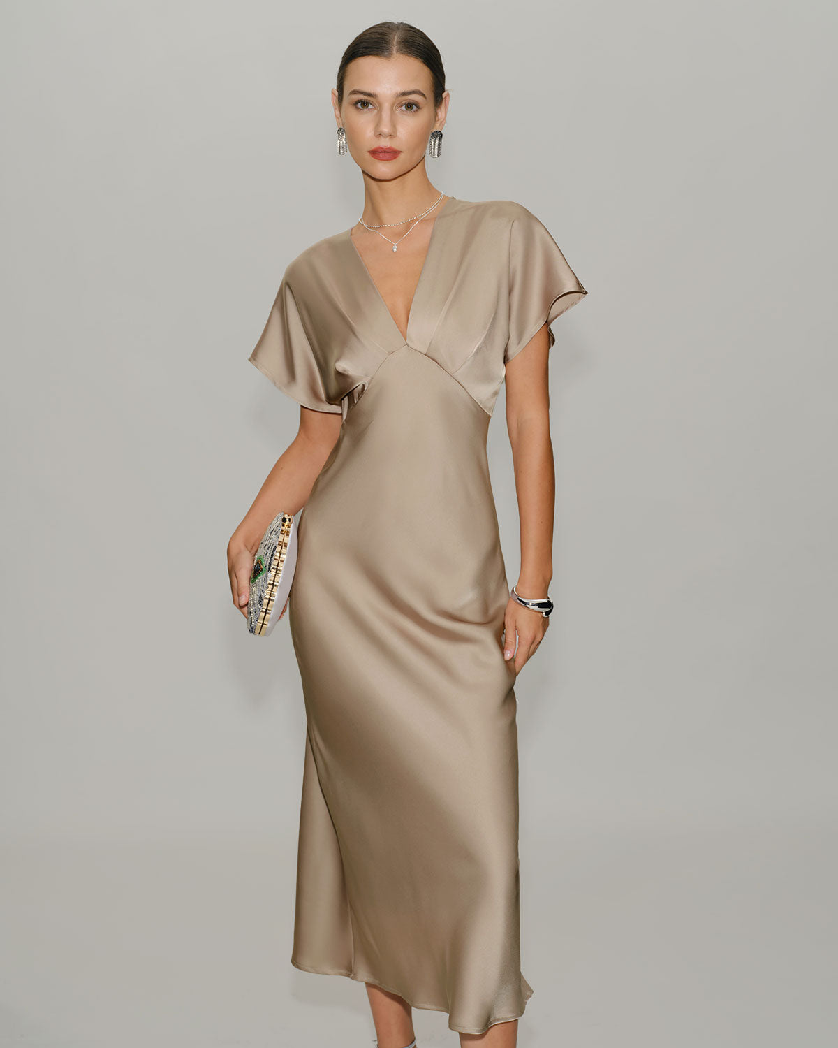 Apricot V Neck A-Line Satin Midi Dress - Threadford