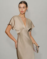 Apricot V Neck A-Line Satin Midi Dress - Threadford