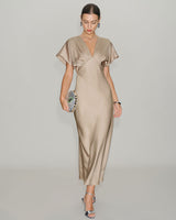 Apricot V Neck A-Line Satin Midi Dress - Threadford
