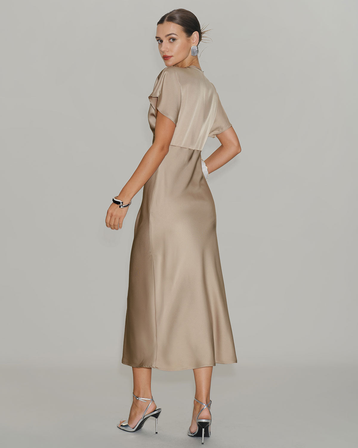 Apricot V Neck A-Line Satin Midi Dress - Threadford