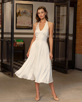 Apricot Halter Backless Satin Midi Dress - Threadford