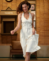 Apricot Halter Backless Satin Midi Dress - Threadford