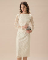Apricot Lace Boat Neck Long Sleeve Midi Dress - Threadford