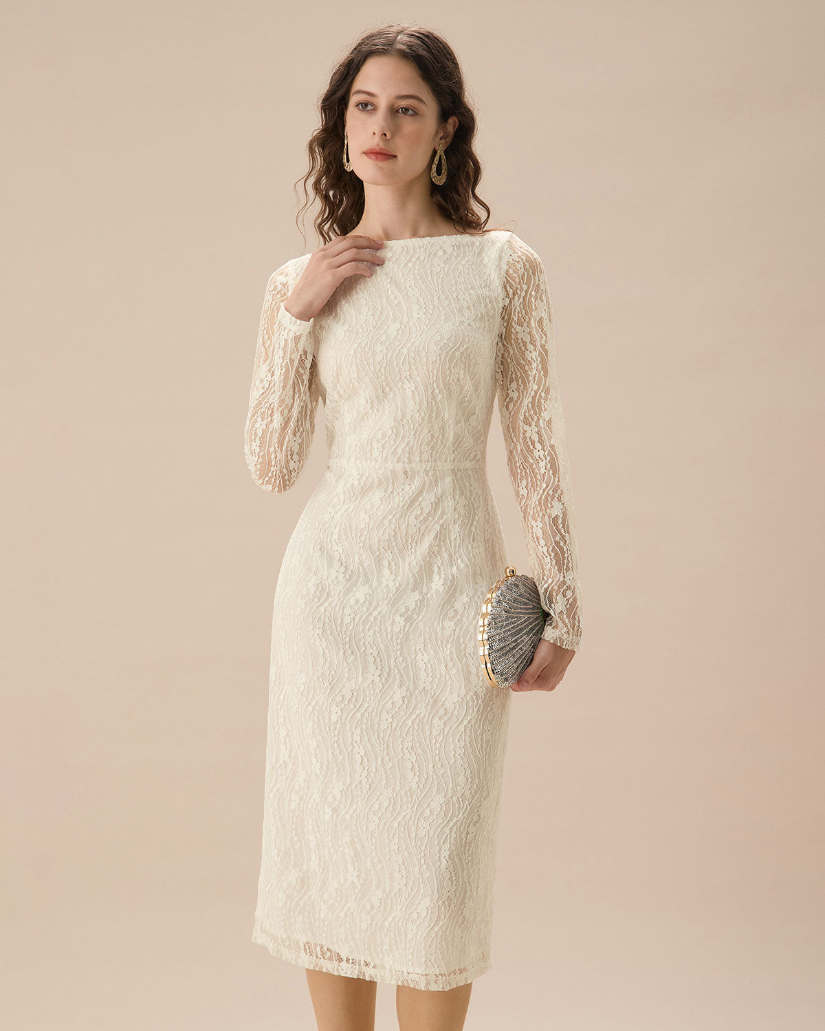 Apricot Lace Boat Neck Long Sleeve Midi Dress - Threadford