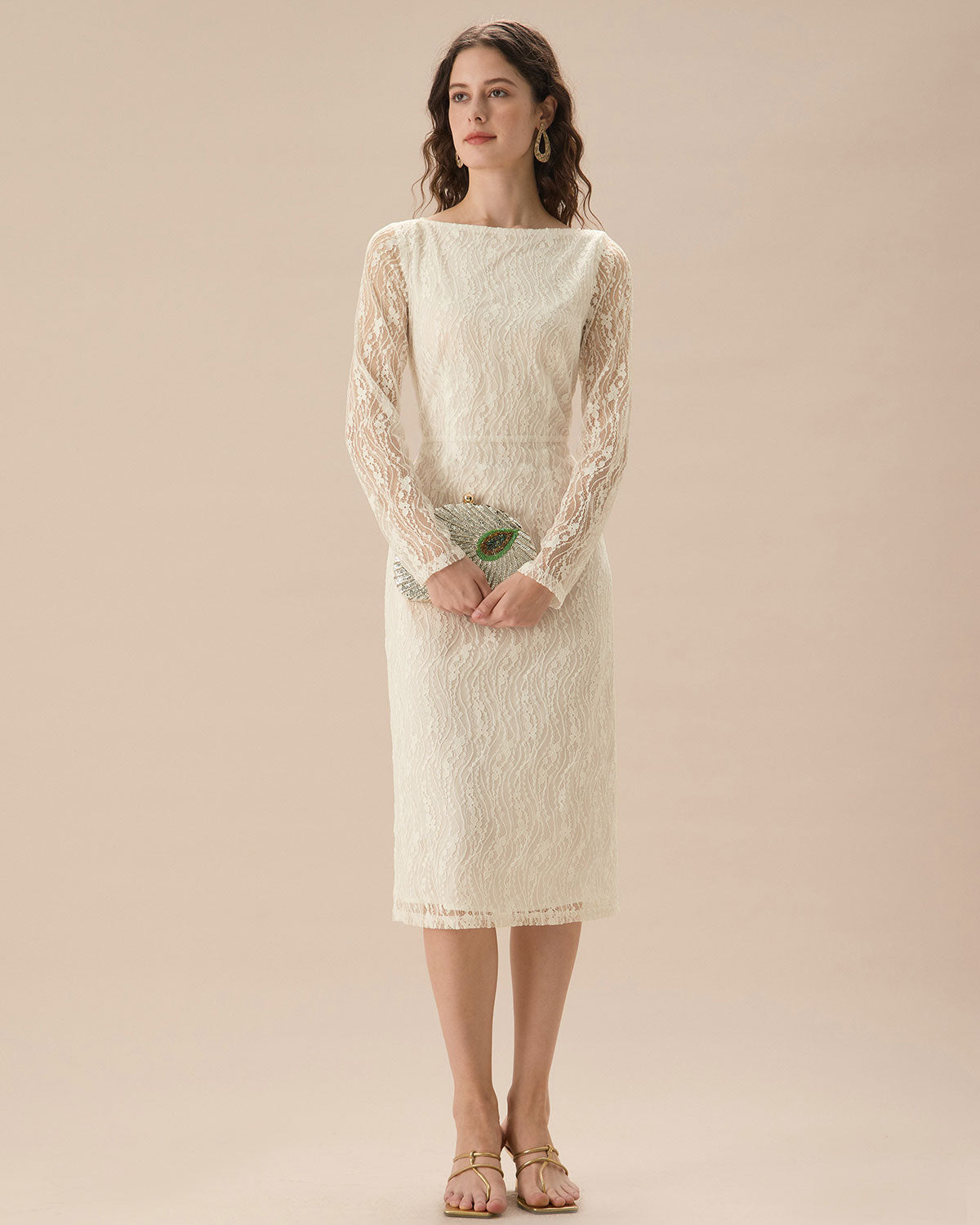 Apricot Lace Boat Neck Long Sleeve Midi Dress - Threadford